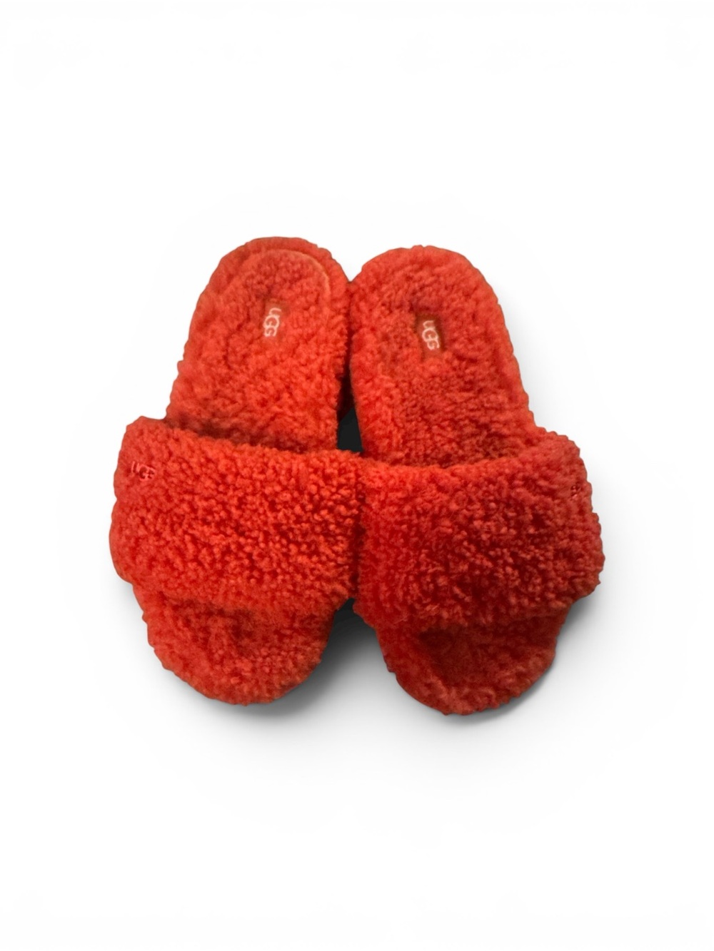 UGG Women’s Size 7 Bright Red Fuzzy Slide Sandals Slippers Cozy House Shoes Used
